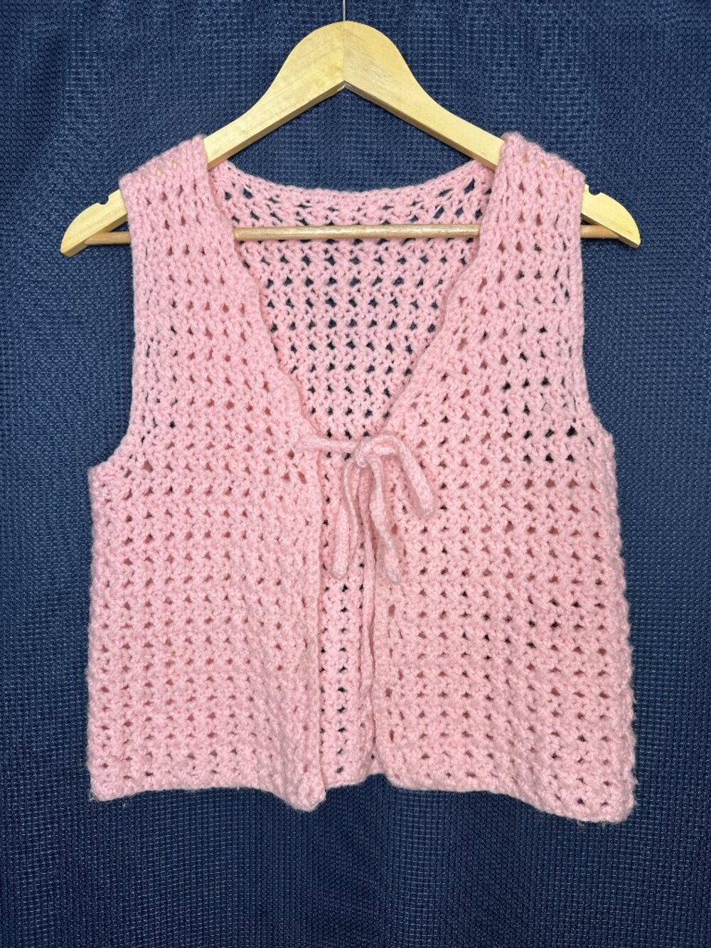 Hand Crocheted Pink Acrylic Vest with Tie Front, Size Small** Cottage Boho Indie